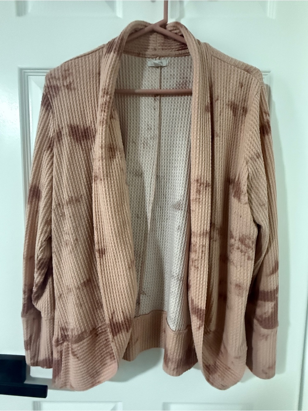 Maurices Waffle Knit Tie-Dye Open Front Cardigan - pinky mauve